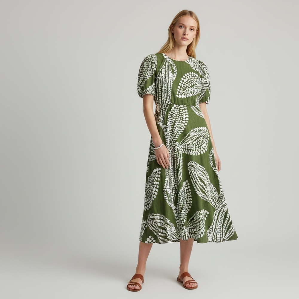 Aveloria Green Puff Sleeve Printed A-Line Midi Dress Women’s L